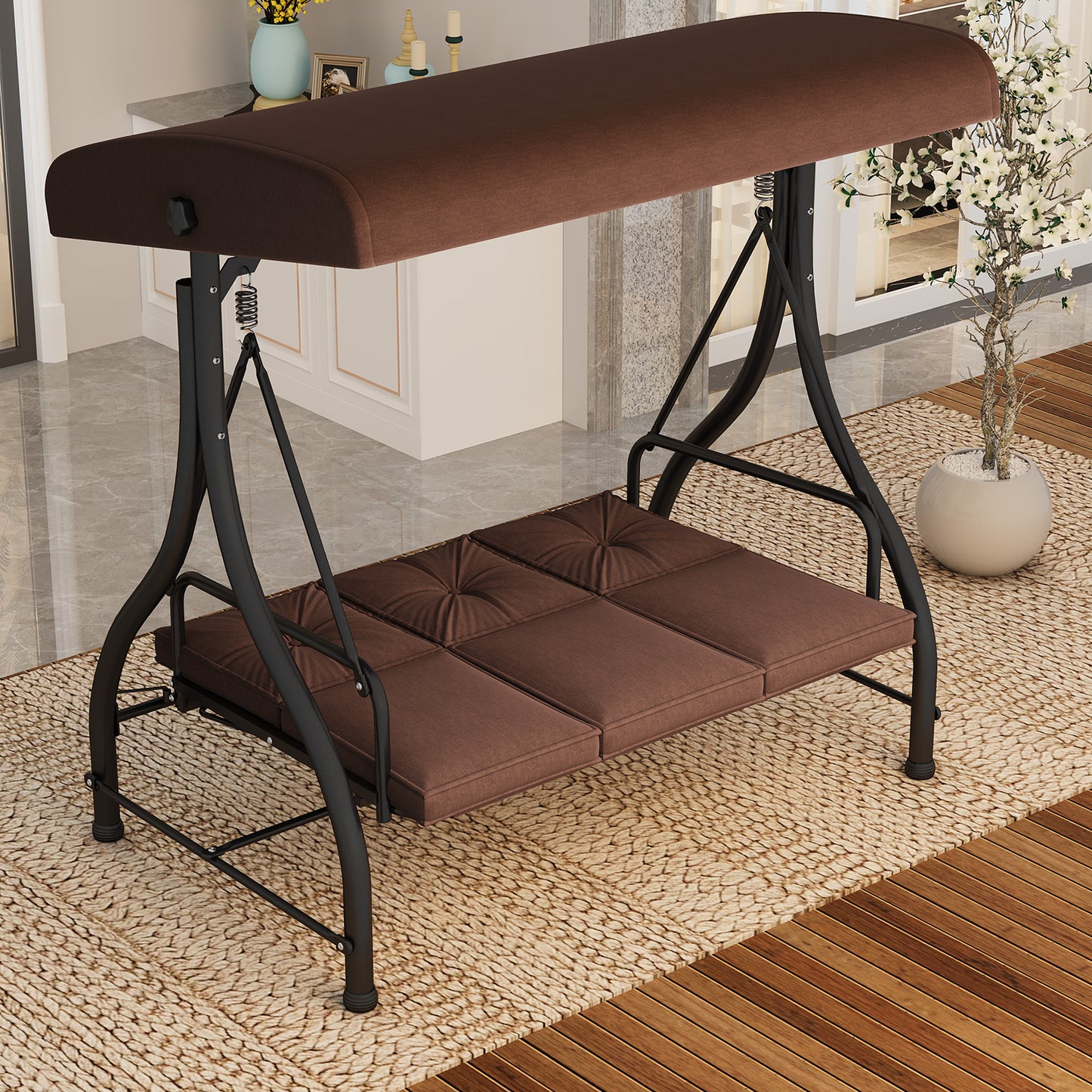 AECOJOY 3 Person Steel Outdoor Patio Canopy Adjustable Steel Porch Swing Chair with Cover, Brown