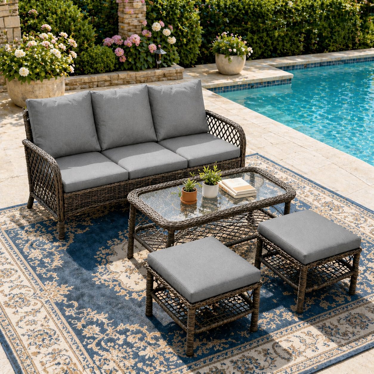 YODOLLA 4PCS Dark Grey Wicker Patio Furniture Set, 3 Seater Sofa with 2 Ottomans and Central Table, Outdoor Conversation Set