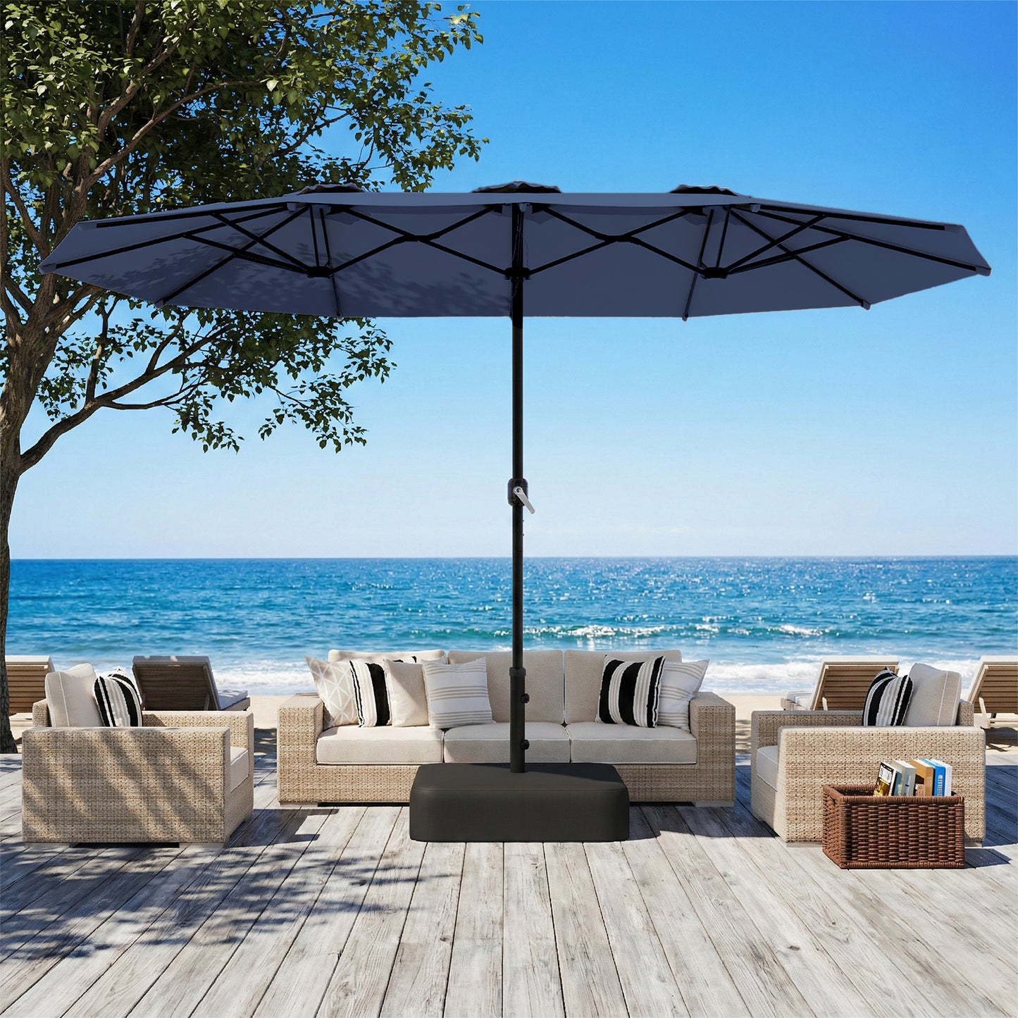 AECOJOY 15 x 9 ft Double-Sided Rectangular Patio Umbrella with Crank Handle, 1.9" Steel Pole, Weatherproof UV Protection Outdoor Market Umbrella, Dark Blue