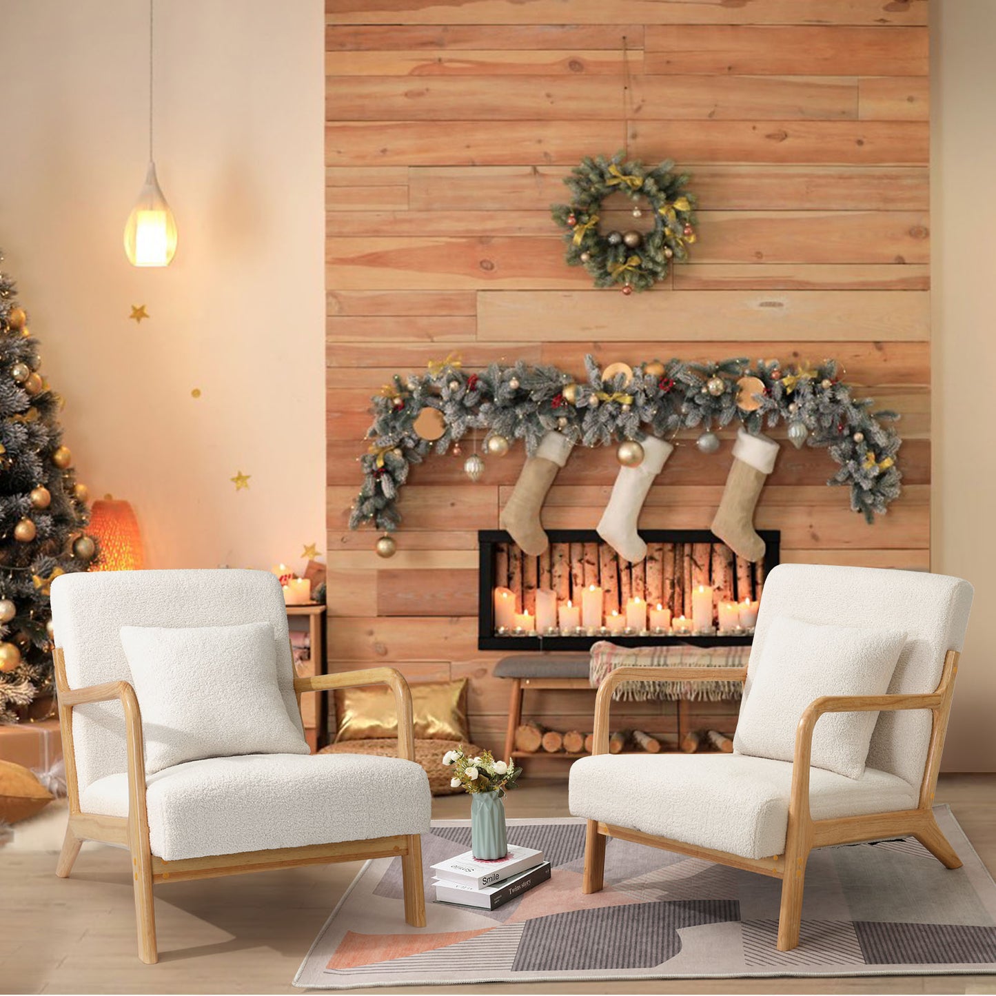 YODOLLA Sherpa Fleece Accent Chair Mid-Century Modern Upholstered Arm Chair Set of 2 for Living Room in Beige