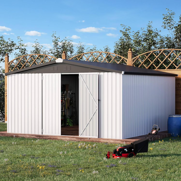 YODOLLA 12’ x 12‘ Outdoor Metal Storage Shed with Sliding Roof & Lockable Door Patio Storage Building in White
