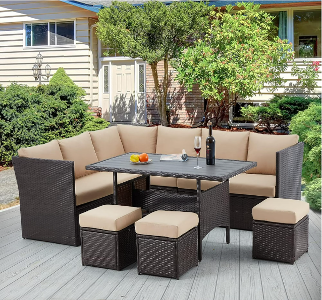 AECOJOY Patio Furniture Set, 7-Piece Rattan Wicker Sectional Sofa Couch, Outdoor Dining Conversation Set in Beige