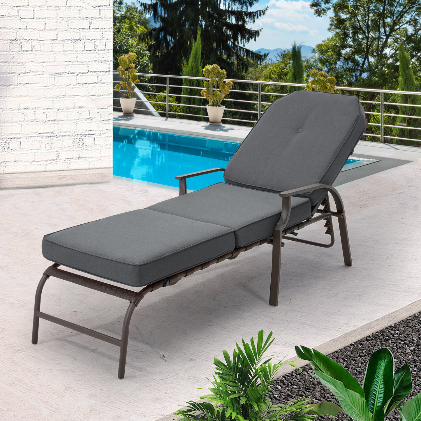 AECOJOY Adjustable Outdoor Chaise Lounge Chair for Patio, Poolside with UV-Resistant Cushion - Gray