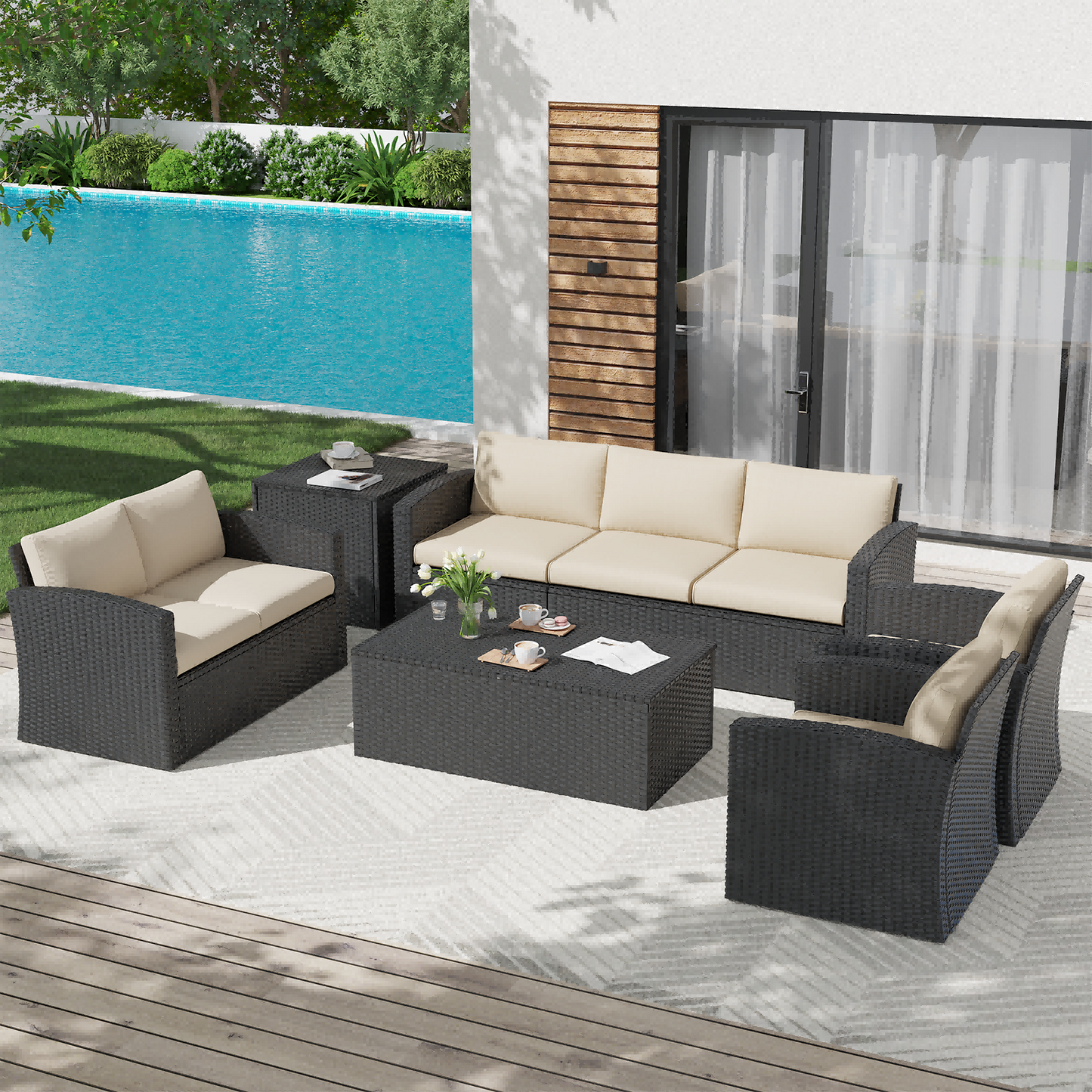 AECOJOY 7 Pieces Outdoor Furniture Set with Two Storage Boxes, Rattan Wicker Sectional Sofa Couch Patio Conversation Set, Black & Biege