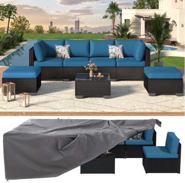 YODOLLA 7-Piece Patio Furniture w/ Protection Cover, Outdoor Sectional Sofa Couch w/ Coffee Table, Patio Conversation Set in Black Wicker& Blue Cushions