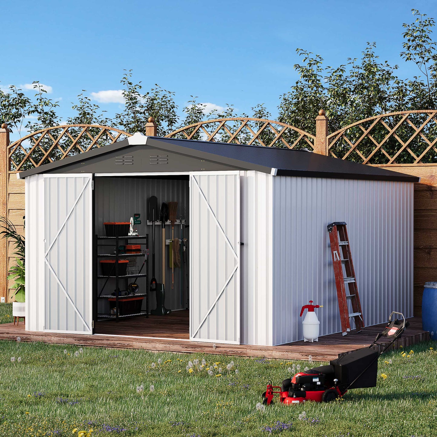 AECOJOY 10' x 14' Outdoor Storage Shed with Lockable Door Patio Metal Garden Storage Building in White for Outside