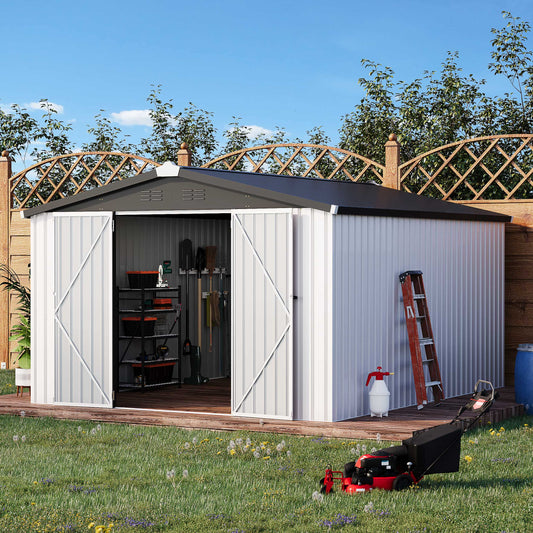 AECOJOY 10' x 14' Outdoor Storage Shed with Lockable Door Patio Metal Garden Storage Building in White for Outside