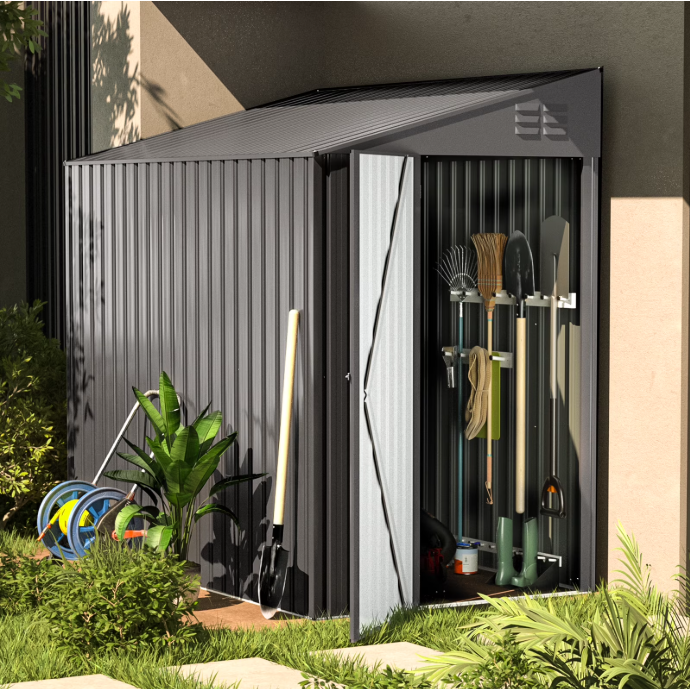 YODOLLA 4.2' x 7' Outdoor Metal Storage Side Shed with Lockable Door Metal Attached Lean-To Shed for Backyard in Gray