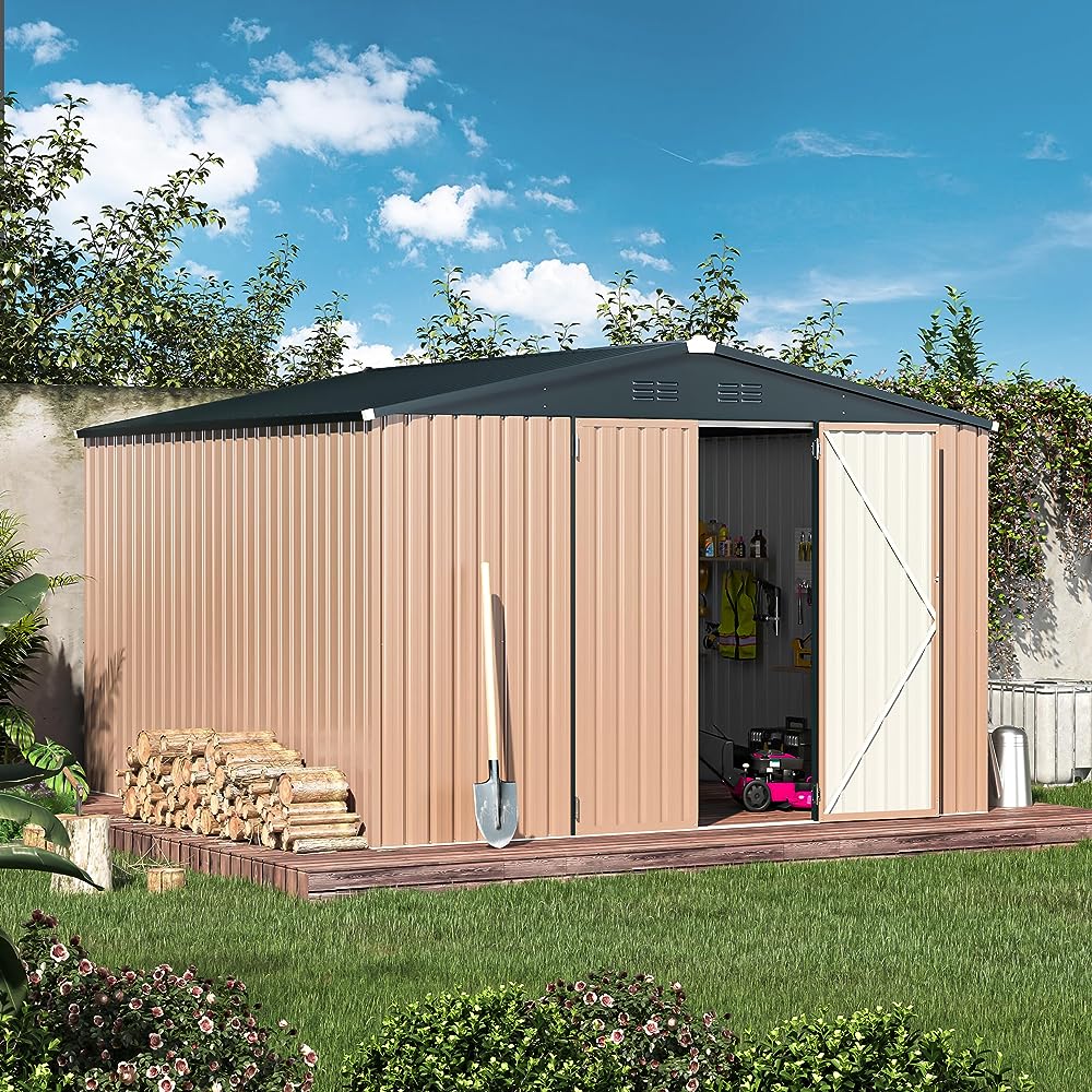 YODOLLA 10 x 14 ft. Outdoor Metal Storage Shed with Sliding Roof & Lockable Door