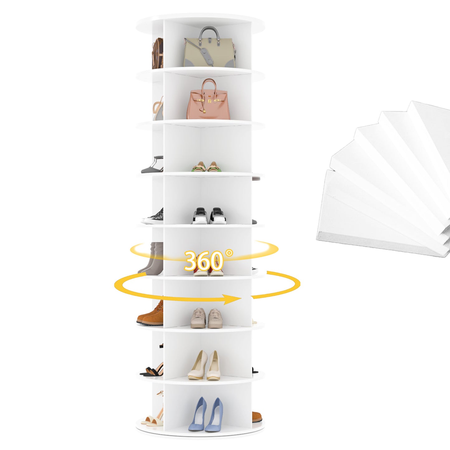 YODOLLA 8 Tier Rotating Shoe Rack, 360° Spinning Shoe Display Lazy Susan in White (23.6’’×23.6’’×71.6’’)