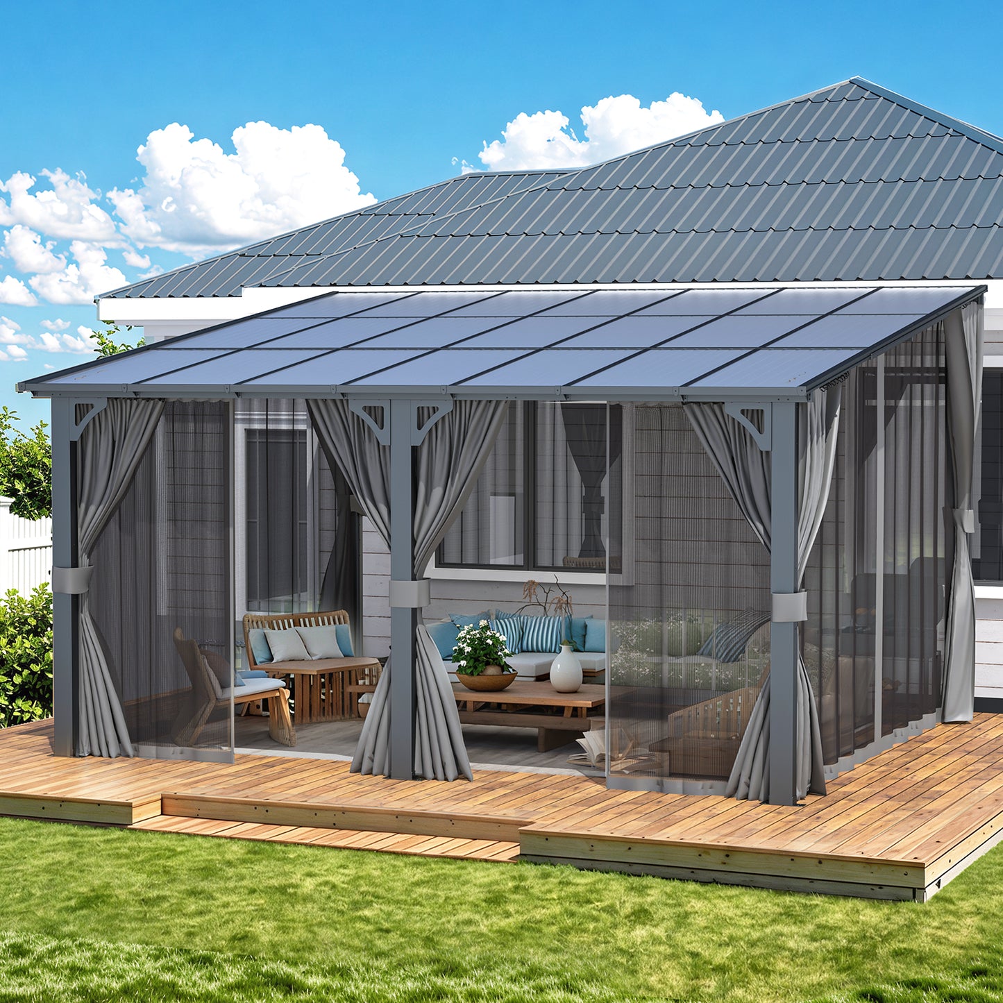 YODOLLA 14' x 12' Outdoor Hardtop Gazebo With Mosquito Net, Pergola for Garden, Patio, Backyard-Dark Grey