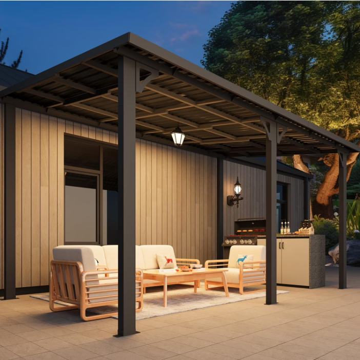 AECOJOY 16' x 8' Hardtop Patio Gazebo Wall Mounted, Heavy Duty Outdoor Pergola on Clearance with Galvanized Steel Roof, Waterproof Metal Grill Gazebo for Backyard