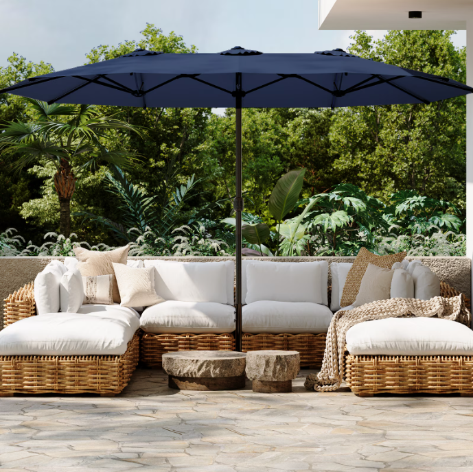 AECOJOY 15 ft Patio Double Sided Umbrella Large Outdoor Umbrella - Navy Blue