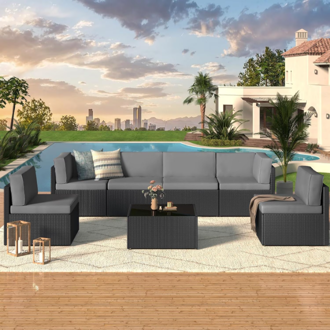 YODOLLA 7-Piece Patio Furniture Set, Black Rattan Wicker Sectional Sofa Couch Outdoor Conversation Set with Table In Gray