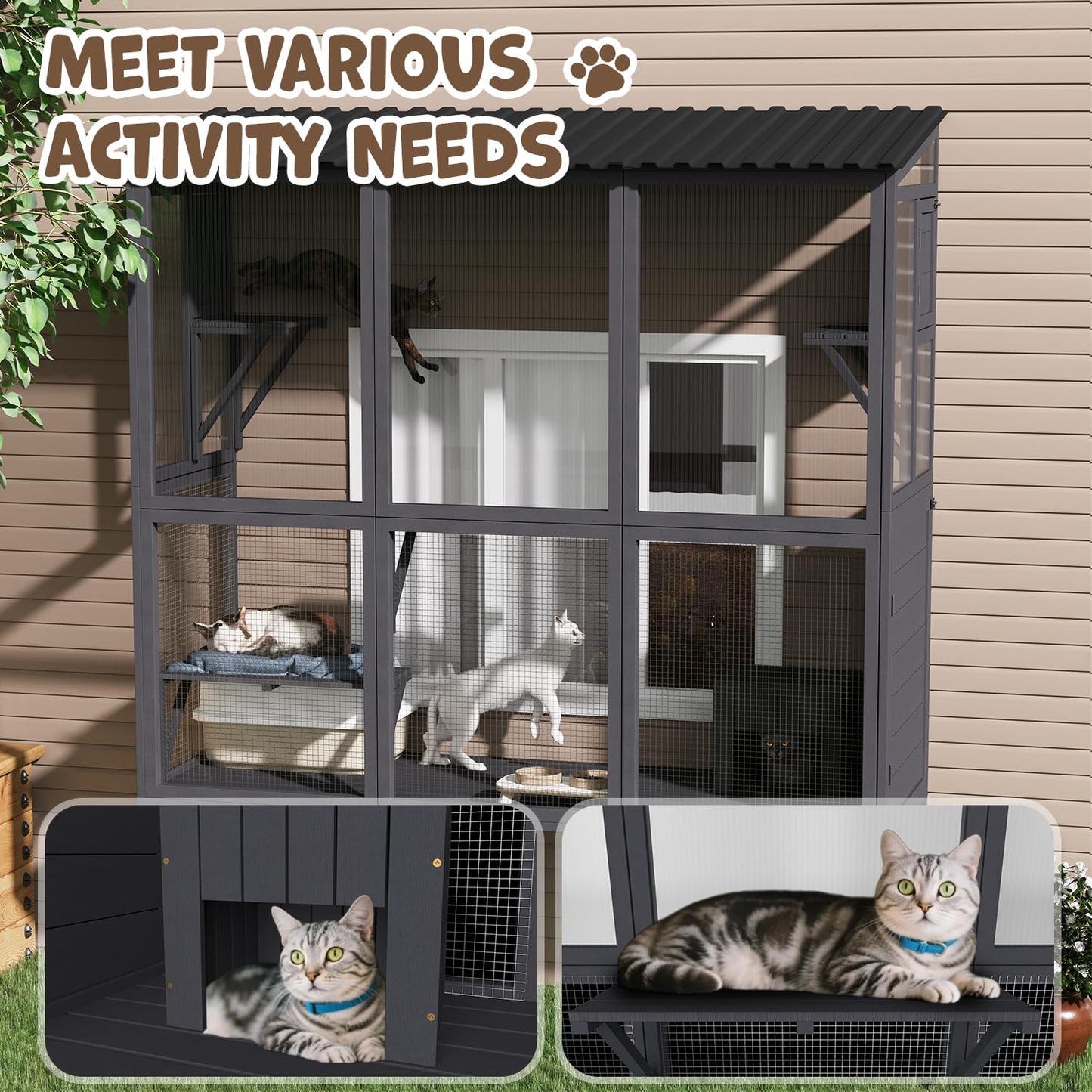 YODOLLA Catio Cat Window Box Cat Enclosure for Multiple Indoor Cats,Outside Wood Cat House, Gray