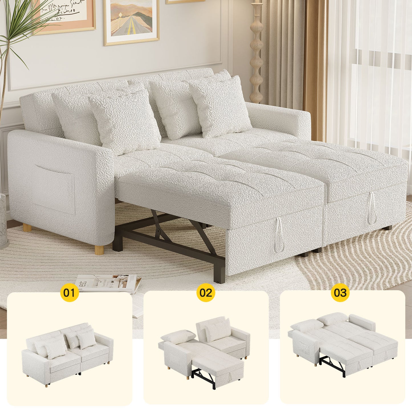 YODOLLA 71" Sleeper Sofa Bed & 3-in-1 Futon Pull Out Couch for Living Room & Bedroom, Convertible Loveseat in Teddy Velvet White sofa bed
