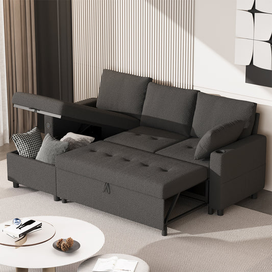 YODOLLA Teddy Velvet L Shaped Sofa Couch with Pull Out Bed Sectional Sleeper Sofa with Storage in Black for Living Room with USB & Cup Holder