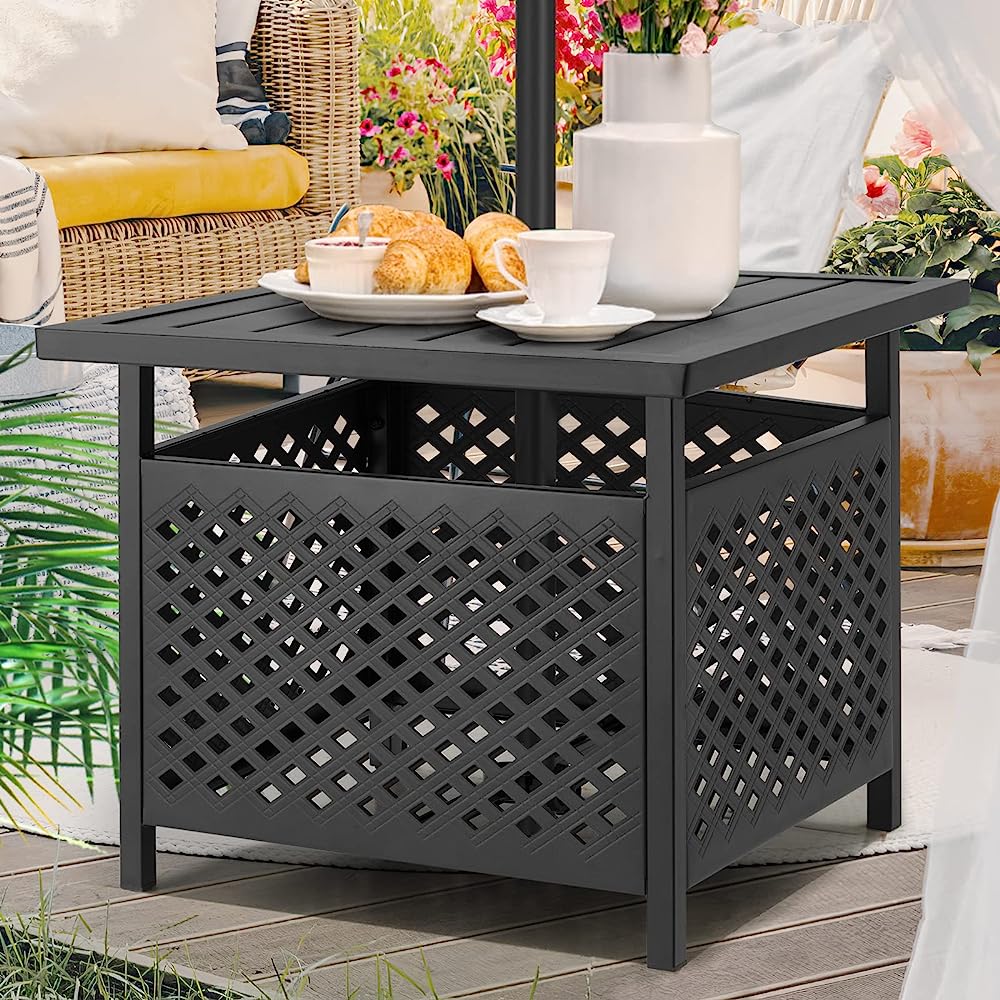 AECOJOY Patio Table Umbrella Base, Outdoor Metal Bistro Table Stand with Umbrella Hole
