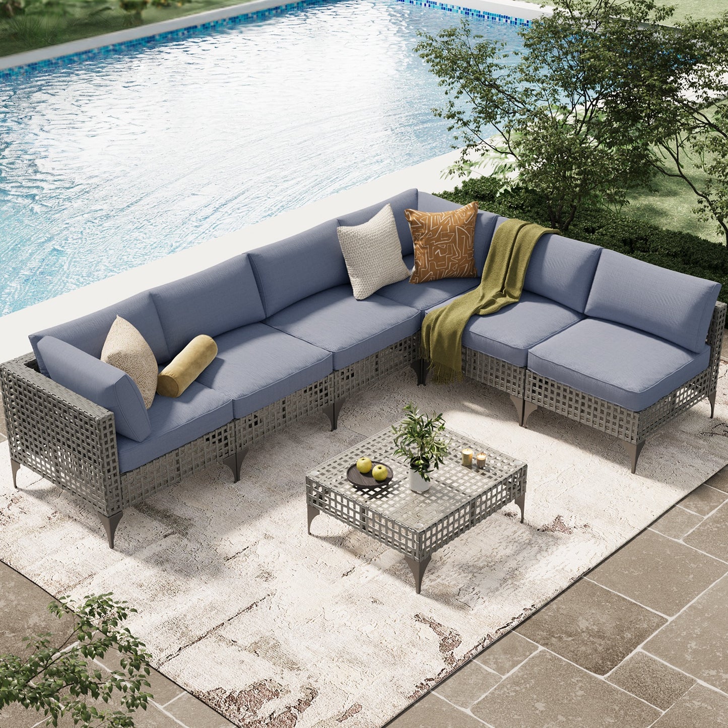 YODOLLA 7-Piece Patio Furniture Set with Tea Table, Rattan Wicker Outdoor Sectional Furniture Sofa Conversation Set, Grey Rattan&Blue Cushions