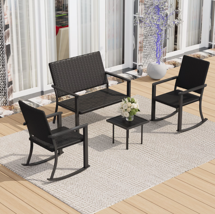 YODOLLA 4-Piece Outdoor Conversation Set, Aluminum Patio Table and Chairs Patio Furniture Set on Sale with Rectangular Side Table, Chairs and Rattan Black Bench for Garden Backyard
