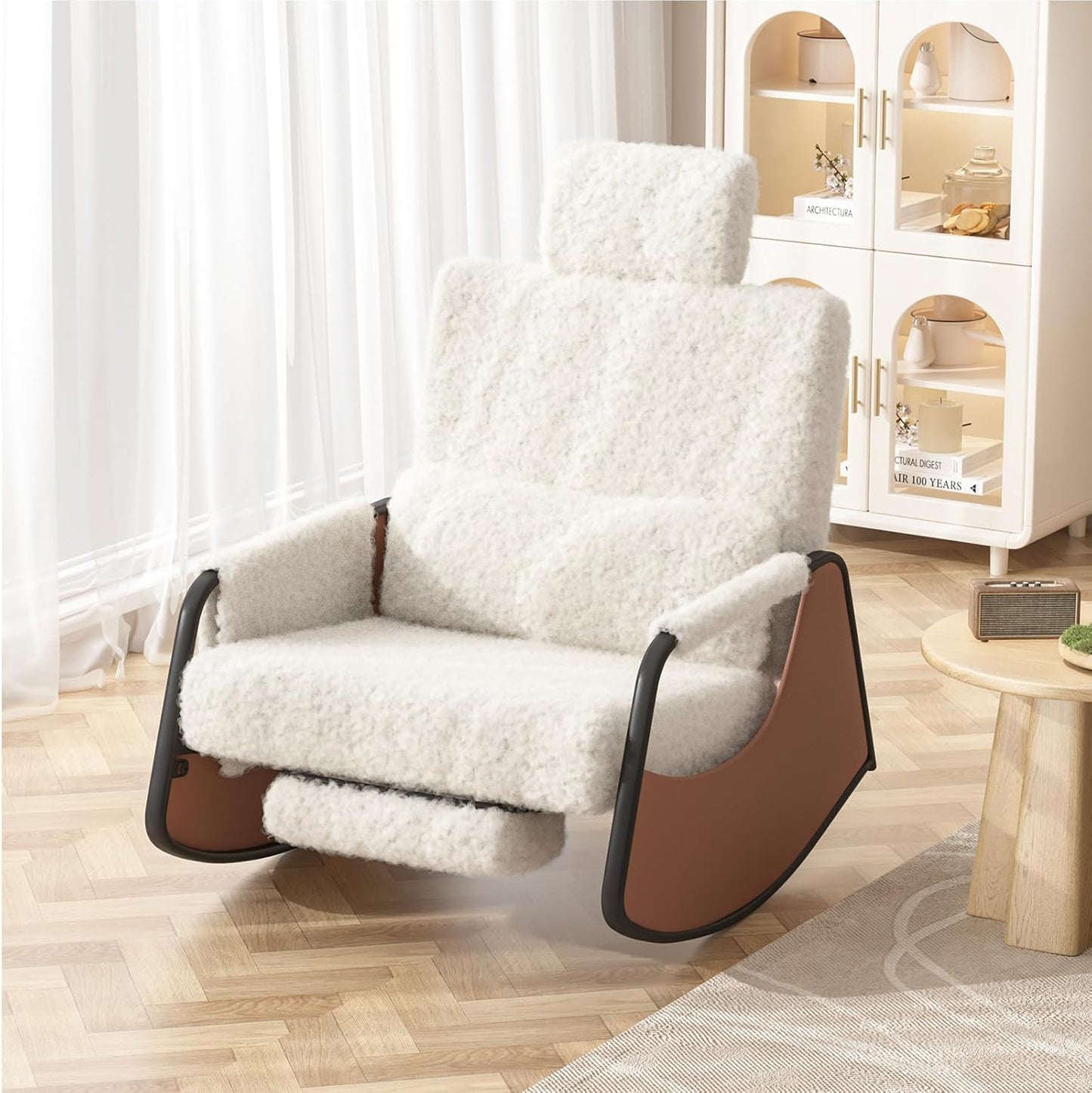 AECOJOY Rocking Chair with Pull-out Footrest for Nursery, Glider Recliner 3-Position Adjustable Backrest with Side Pocket , Teddy Fabric White