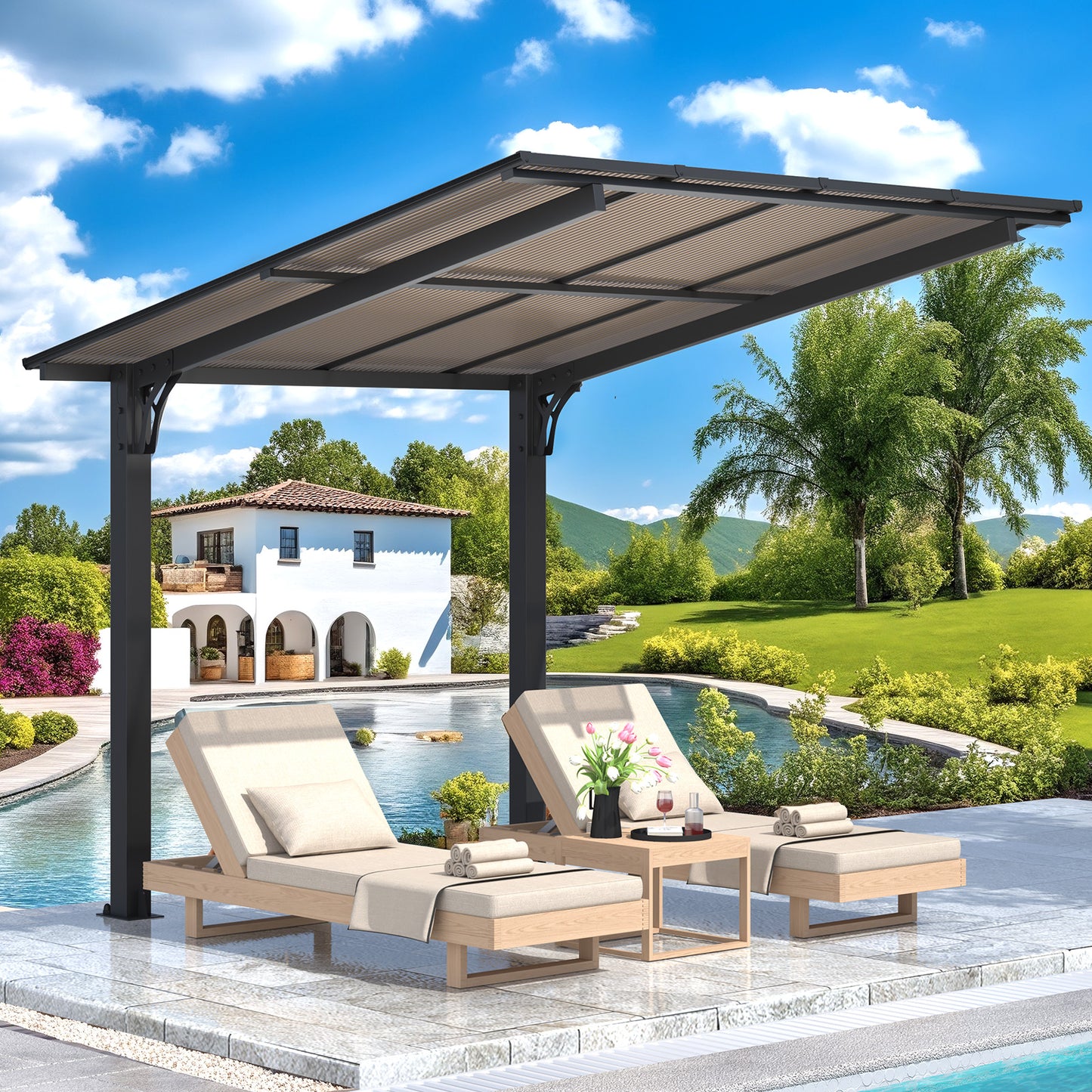 AECOJOY 8'x8' Gazebo, Outdoor Wall Mounted Hardtop Gazebo & Pergola with Aluminum Frame for Patio, Porch and Backyard in Black