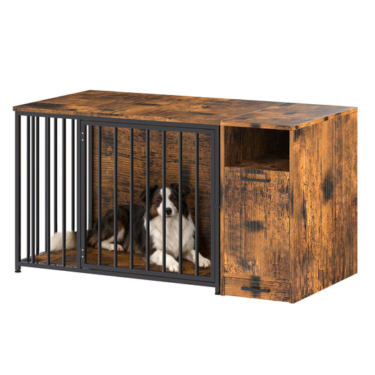 YODOLLA Dog Crate Furniture with Storage Cabinet,42 Inch Wooden & Steel Decorative Indoor Kennel, Pet Cage End Table for Large and Medium Dogs, Escape-Proof & Chew-Proof, Rustic Brown
