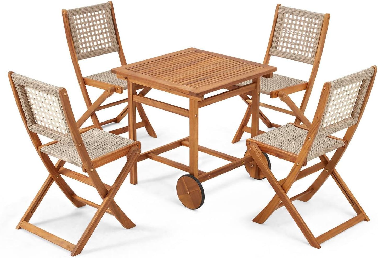 YODOLLA 5 Pieces Outdoor Patio Dining Set,Acacia Wood Dining Table and Chairs with Wheels,Farmhouse Style Portable Dining Set for Backyard, Deck & Poolside