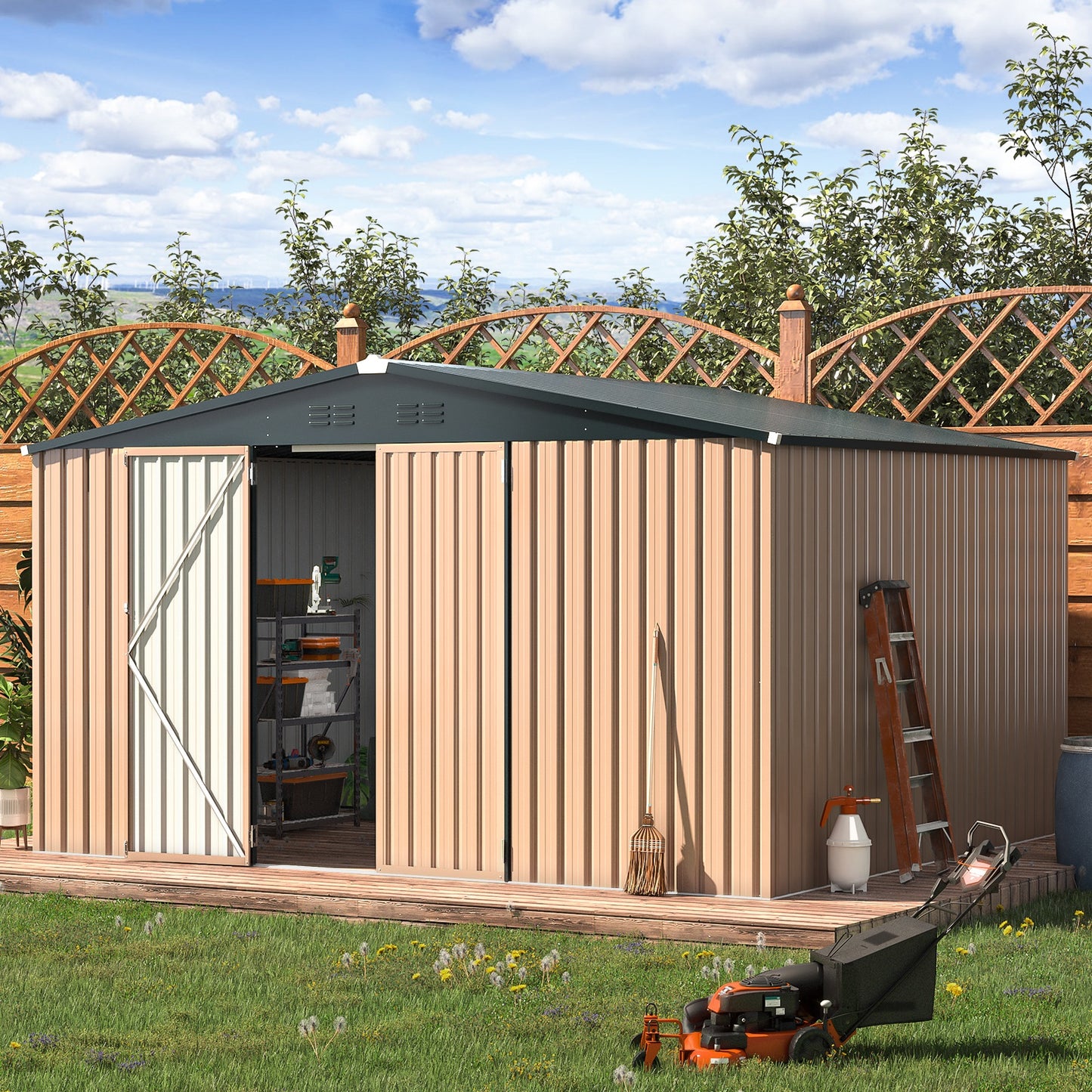 AECOJOY 12' x 10' Outdoor Storage Shed with Lockable Door Patio Metal Garden Storage Building in Brown for Outside
