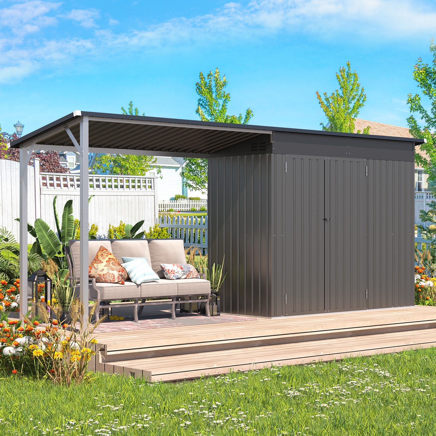 YODOLLA Outdoor Open-Sided Storage Shed, 6x4 Sheds & Outdoor Storage with 56 Sq. Ft Covered, 2-in-1 Tool Shed with Attached Hardtop Metal Pergola Gazebo