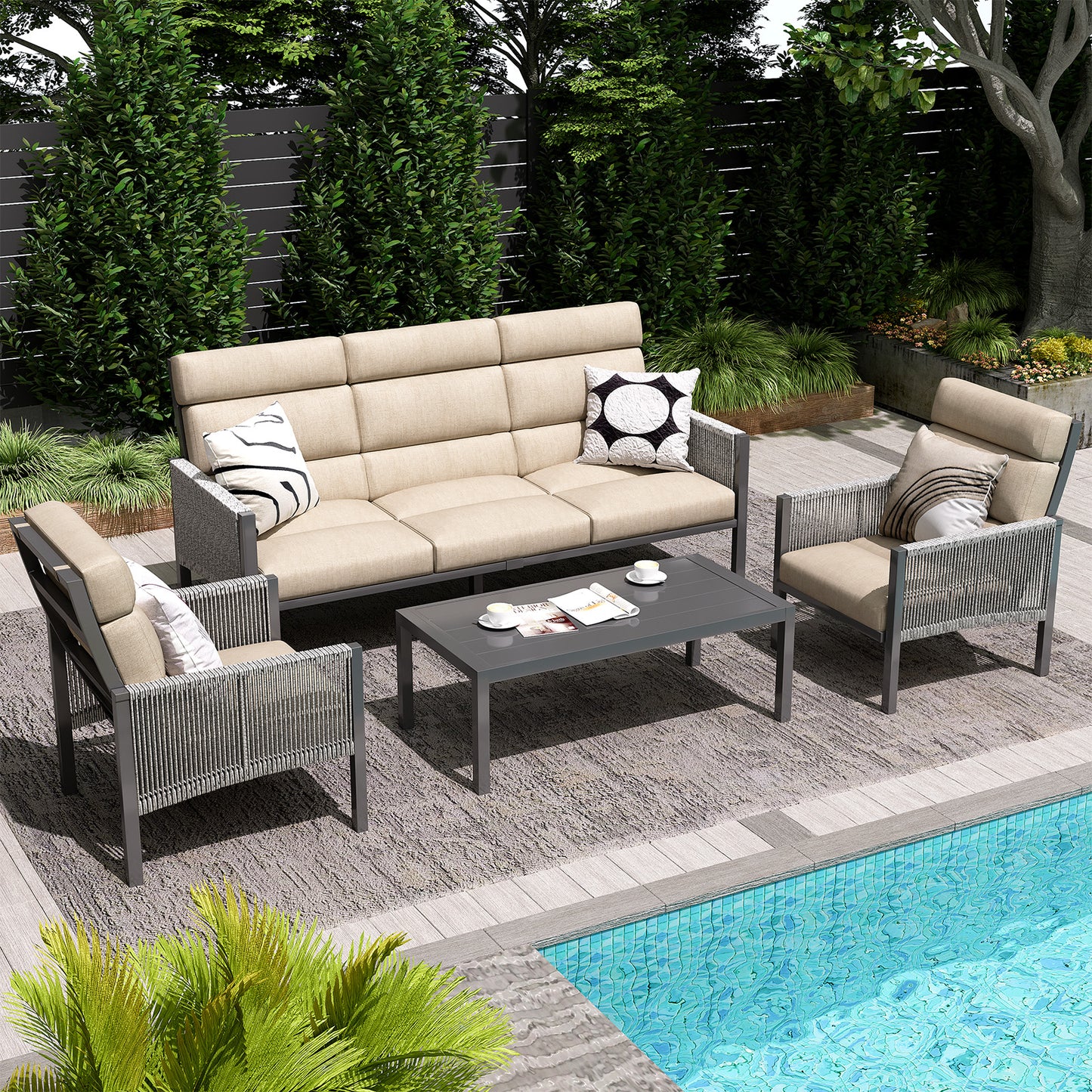 AECOJOY Aluminum Patio Furniture Sets on Sale,Outdoor Conversation Sets with Coffee Table for Porch,Balcony,Beige