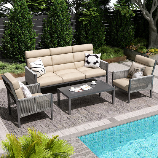 AECOJOY Aluminum Patio Furniture Sets on Sale,Outdoor Conversation Sets with Coffee Table for Porch,Balcony,Beige