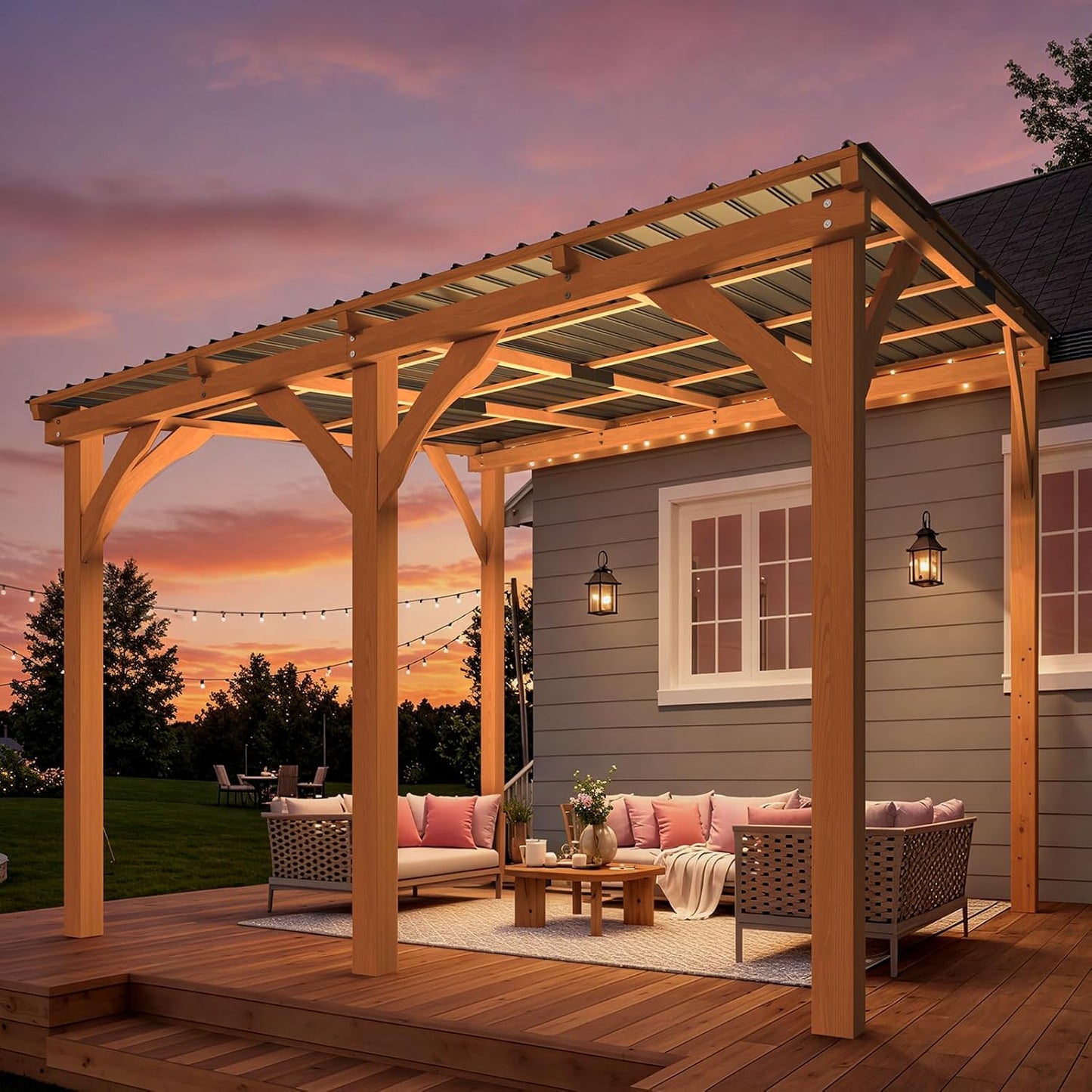 YODOLLA 10' x 10' Wall-Mounted Outdoor Wood Gazebo, Hardtop Cedar Pergola with Heavy-Duty Awnings for Patio, Deck, Backyard