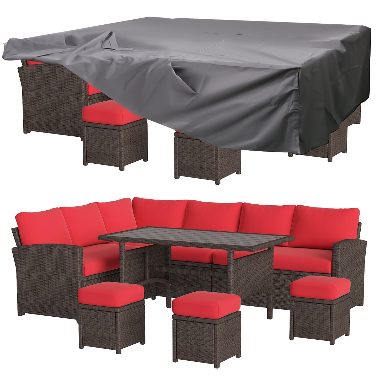 YODOLLA 7-Piece Patio Funiture Set w/ Dining Table, Outdoor Sectional Sofa Couch with Weatherproof Protection Cover, Patio Conversation Set in Brown Rattan& Red Cushions