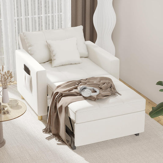 YODOLLA 3-in-1 Futon Convertible Sleeper Sofa Bed Chair for Living Room,Pull Out Couch in White