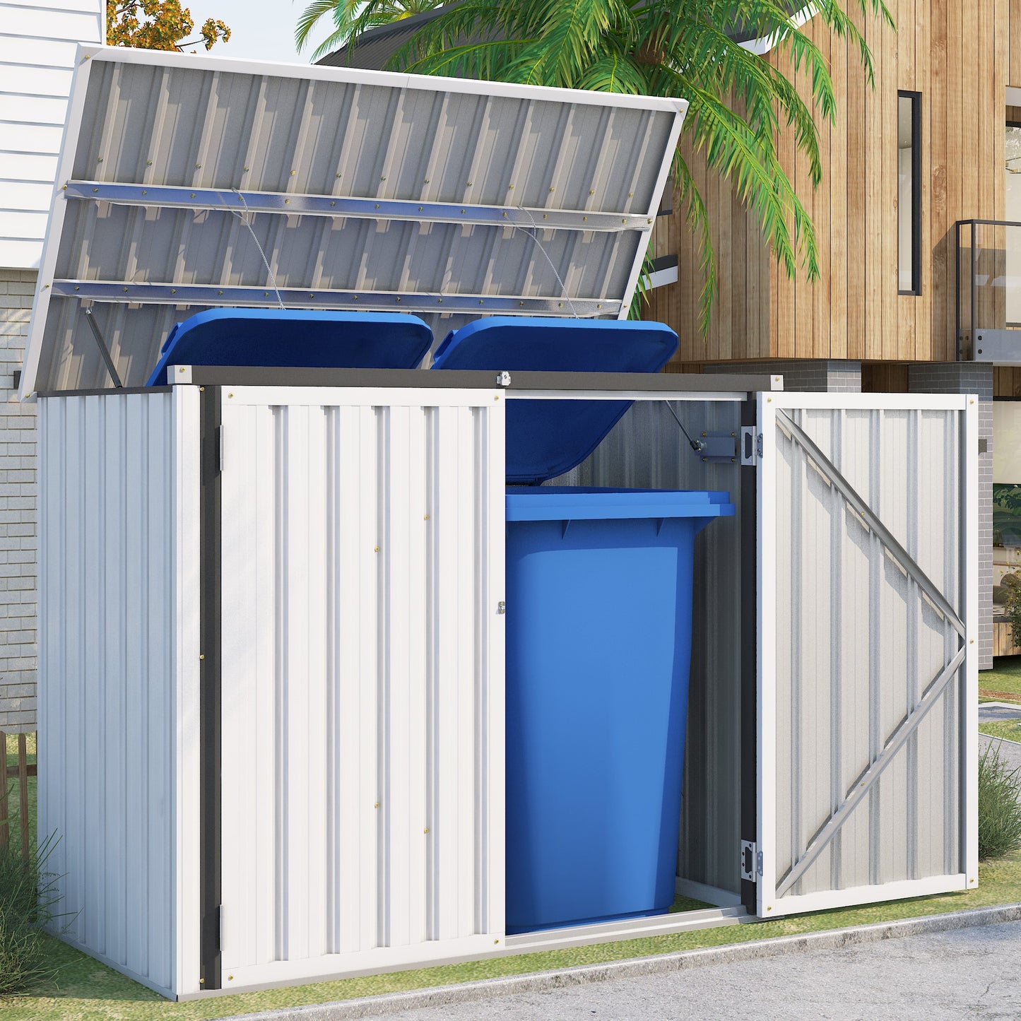 AECOJOY 46 Cu ft. Outdoor Horizontal Storage Shed Wastebasket Enclosure Container Metal Garbarge Shed in White