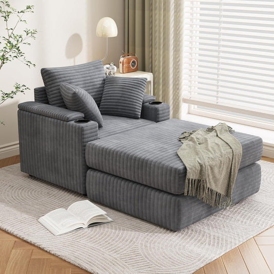 YODOLLA Oversized Accent Chair with Storage Ottoman, Single Sleeper Sofa Armchair with 3 Pillows, Lounge Sofa Bed in Grey