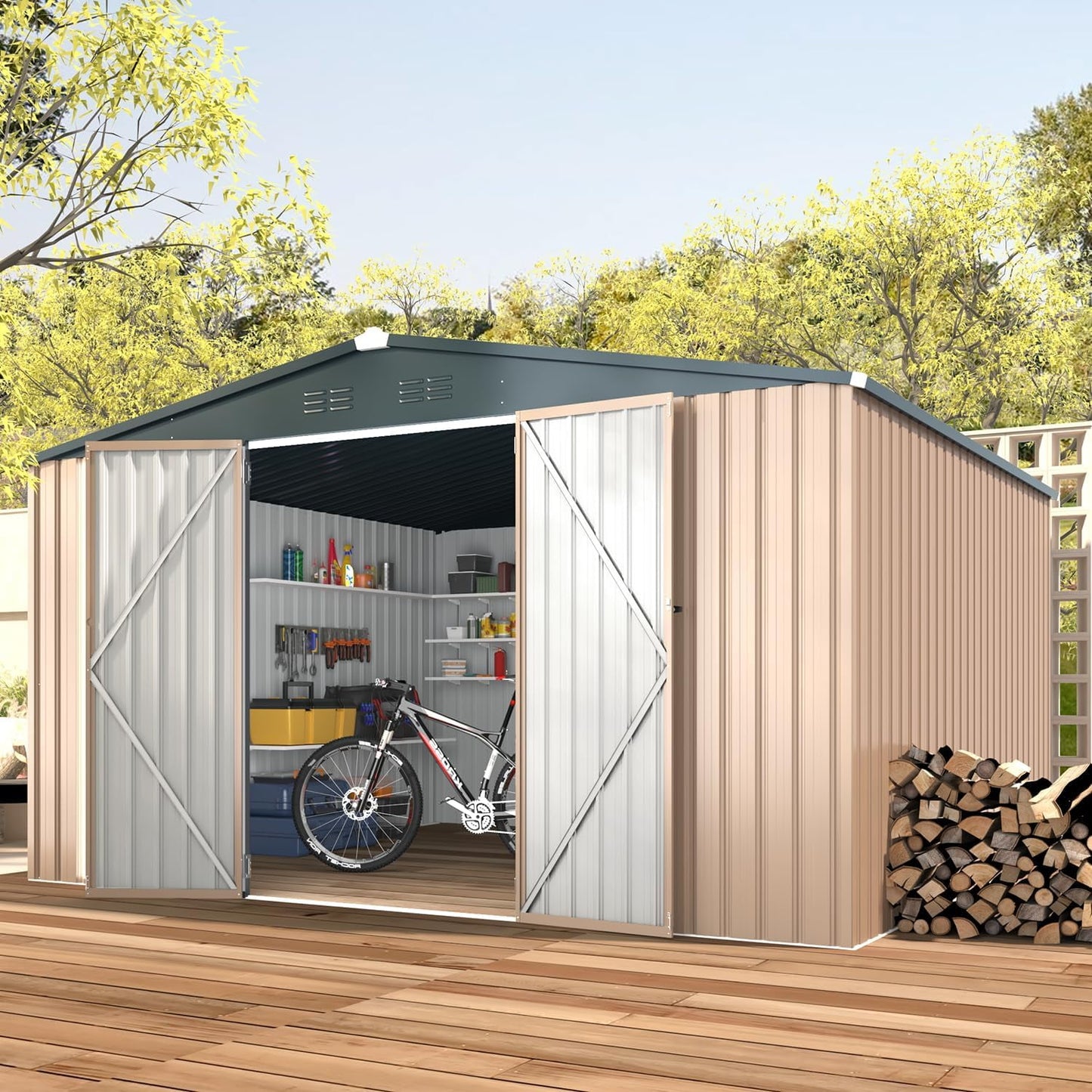 AECOJOY 10' x 12' Outdoor Metal Storage Shed with Lockable Door for Backyard in Gray