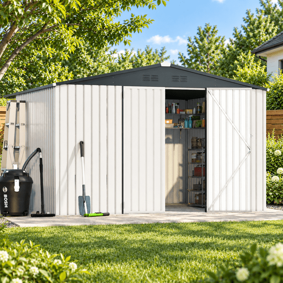 AECOJOY 10'x10' Waterproof Galvanized Steel Storage Shed with Lockable Double Doors, White, for Backyard & Patio
