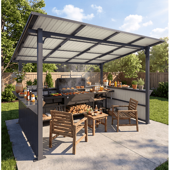 AECOJOY 10' x 12' Hardtop Grill Gazebo with Extra-Wide Counter, Galvanized Steel Roof Outdoor BBQ Gazebo Pergola for Backyard, Dark Gray