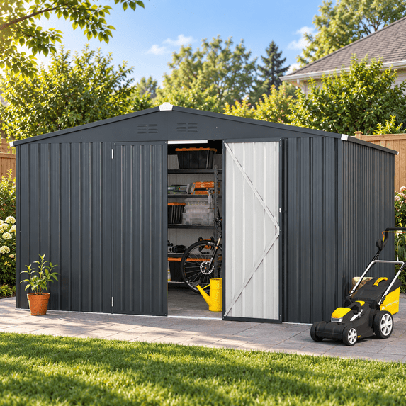 AECOJOY 10'x12' Waterproof Galvanized Steel Storage Shed with Lockable Double Doors, Dark Gray, for Backyard & Patio