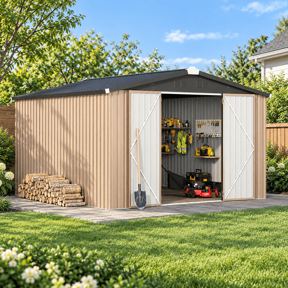 AECOJOY 10'x14' Waterproof Galvanized Steel Storage Shed with Lockable Double Doors, Gray, for Backyard & Patio
