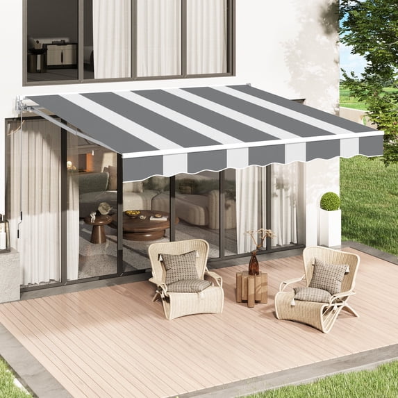 AECOJOY 13' x 8' Manual Retractable Patio Awning,Outdoor Awning Retractable Sunshade Shelter-Grey Stripes