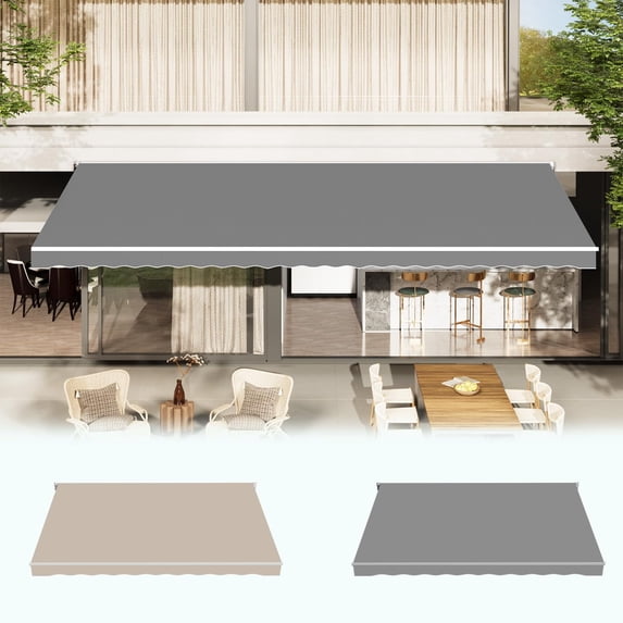 AECOJOY 13x8FT Outdoor Awning, Patio Sun/Rain Shelter w/Manual Crank, Grey