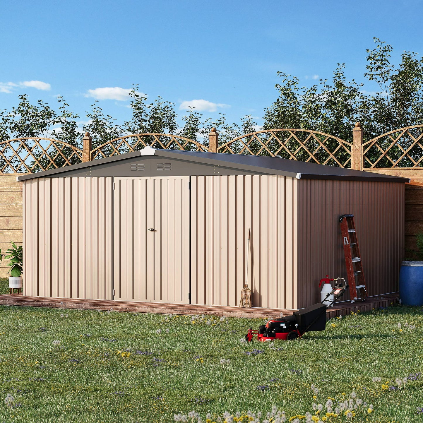 AECOJOY 14' x 12' Outdoor Storage Shed with Lockable Door Patio Metal Garden Storage Building in Brown for Outside