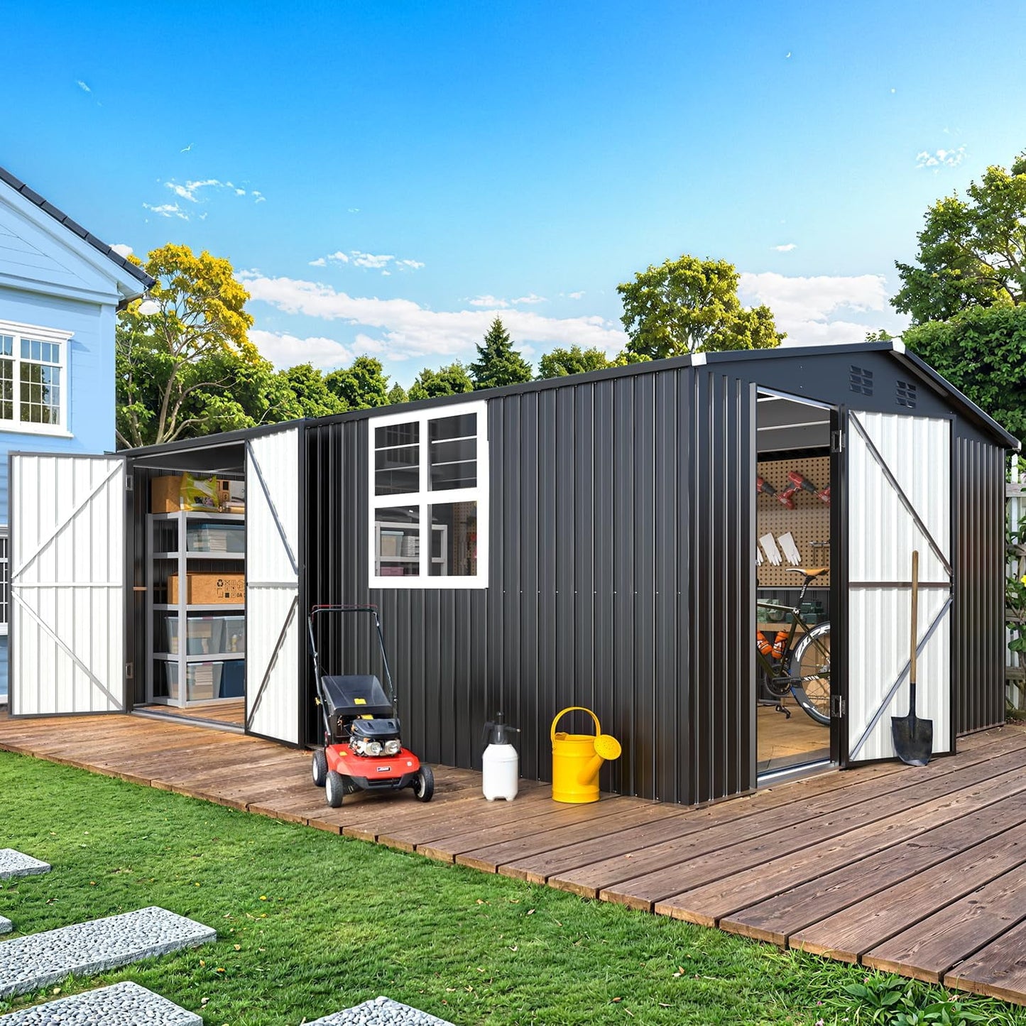 AECOJOY 16' x 12' Outdoor Storage Shed with Side & Front Doors, Metal Garden Storage Building with Windows in Dark Gray for Outside