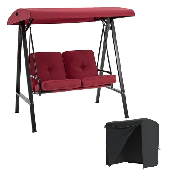 AECOJOY 2 Persons Outdoor Patio Canopy Steel Porch Swing Chair with Cover, Red