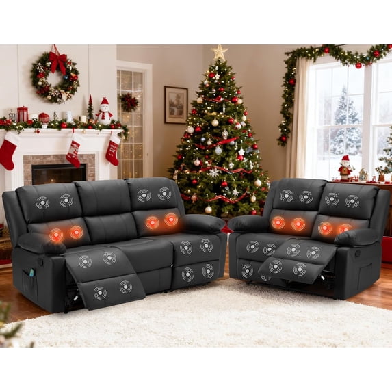 AECOJOY 2PCS Recliner Sofa Set for Living Room Furniture Set,Overstuffed Leather Reclining Sofa with Massage& Heat Function, Manual Control Couch Set, Theater Lounge Seat with Side in Black