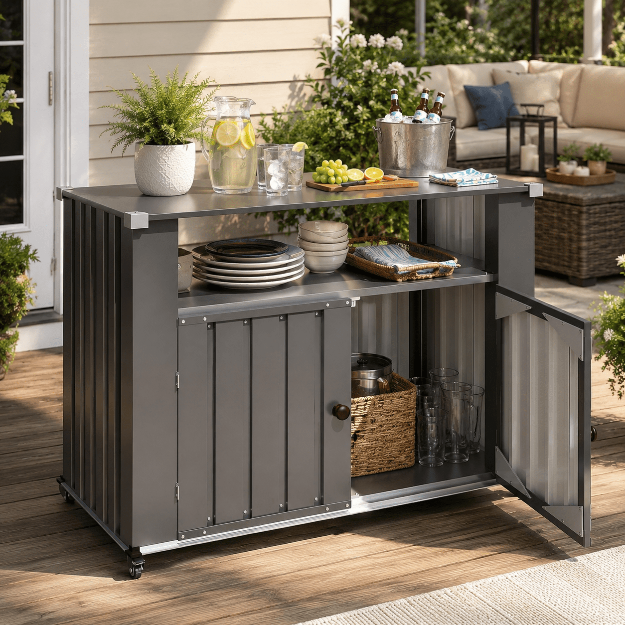 AECOJOY 43" Outdoor Grill Table with Storage Cabinet, BBQ Prep Cart with Wheels, Outdoor Kitchen Island, Mobile Serving Station for Patio, Dark Grey