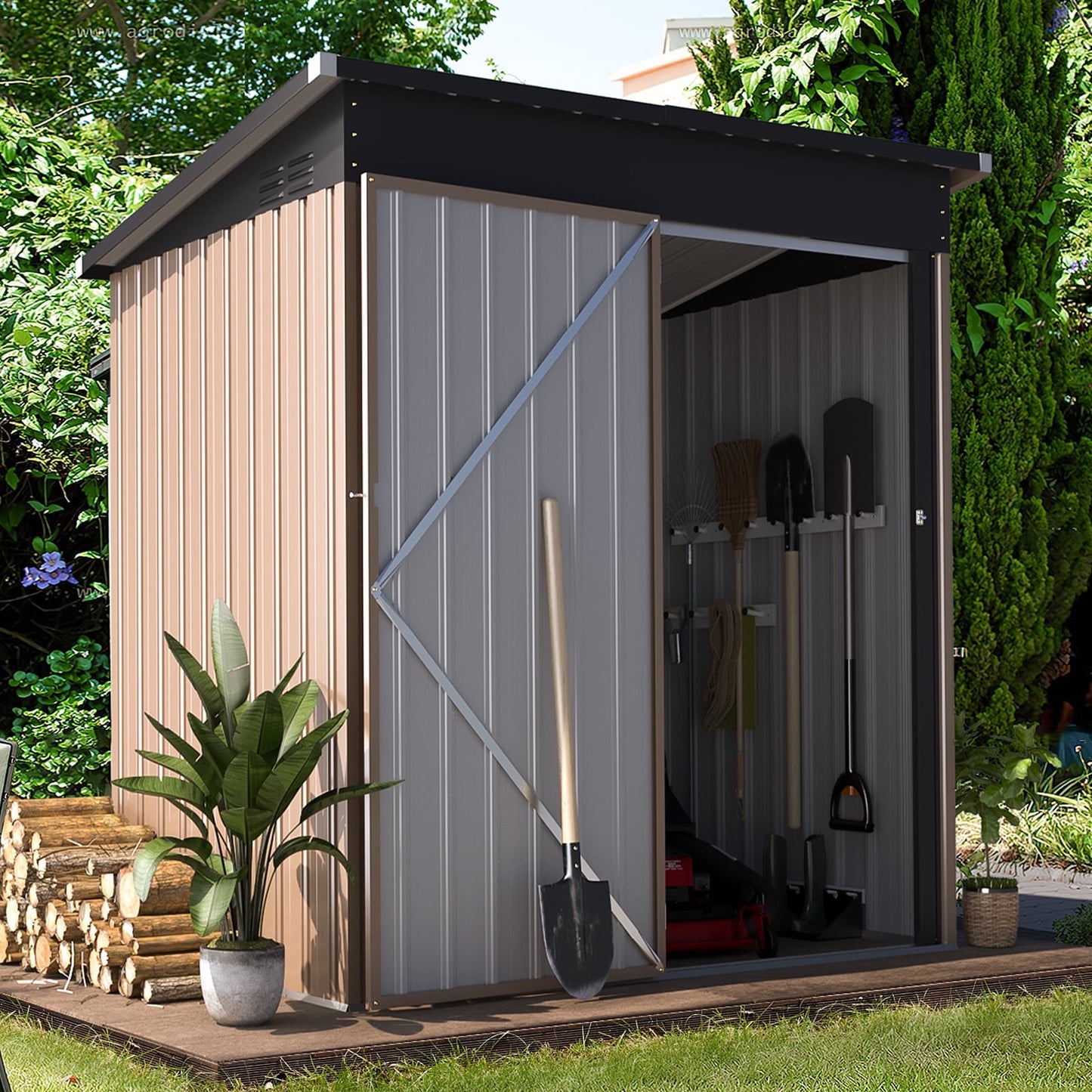 AECOJOY 46 Cu ft. Outdoor Trash Can Storage Shed Waterproof Horizontal Storage Cabinet in Brown 
